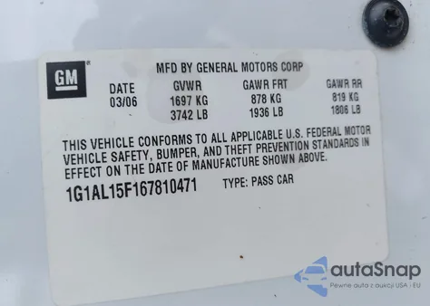 2006 Chevrolet Cobalt Lt из США, поврежденный, VIN 1G1AL15F167810471